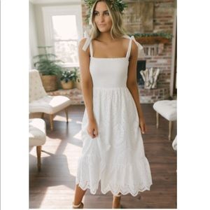 Everly Tie Strap Smocked Scalloped Eyelet Midi Dress